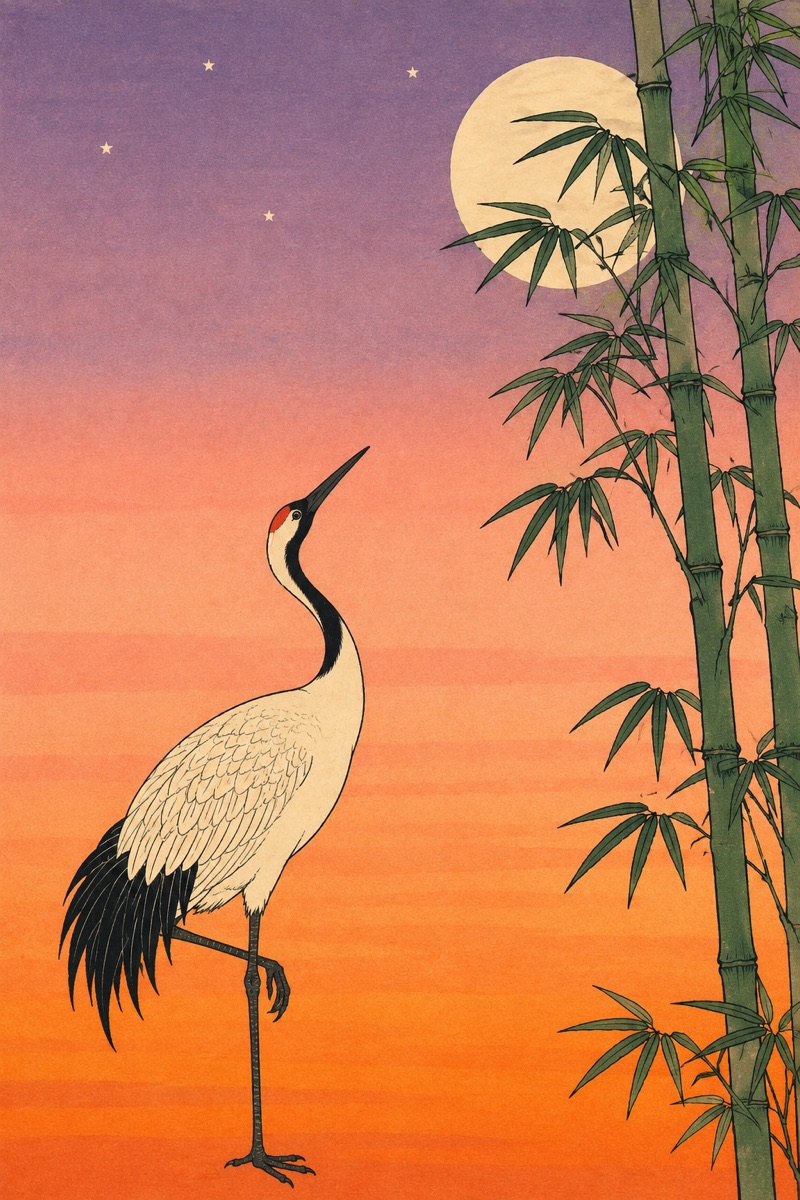 Crane and Bamboo at Sunset