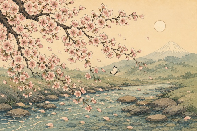 Cherry Blossoms over the Stream