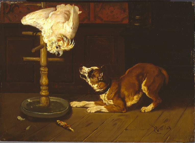 A dog barks at a cockatoo by Charles Verlat