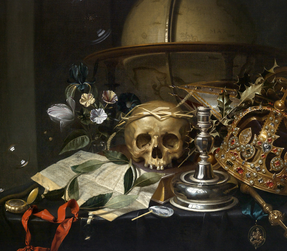 Still Life with Skull, Globe, Books, Crown, Mitre, Bubbles, Mussel Shell with Bubble Pipe, Holly Crown, Watch and Candlestick by Hendrick Andriessen