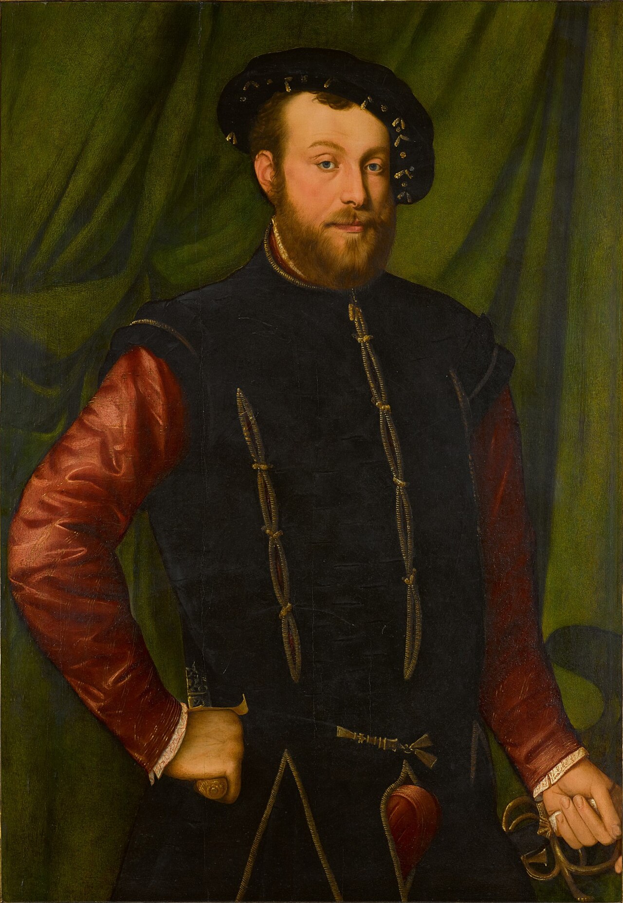 Portrait of a gentleman, three-quarter length, wearing a black cap and a black-slashed singlet over a red shirt by Jan Joest