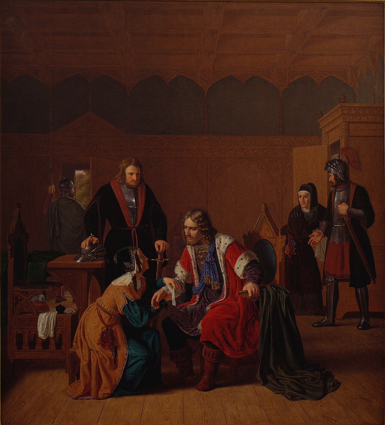 Valdemar the Great is welcomed at Absalon's mother's house, where he sought refuge after the Battle of Roskilde by Johan Peter Raadsig