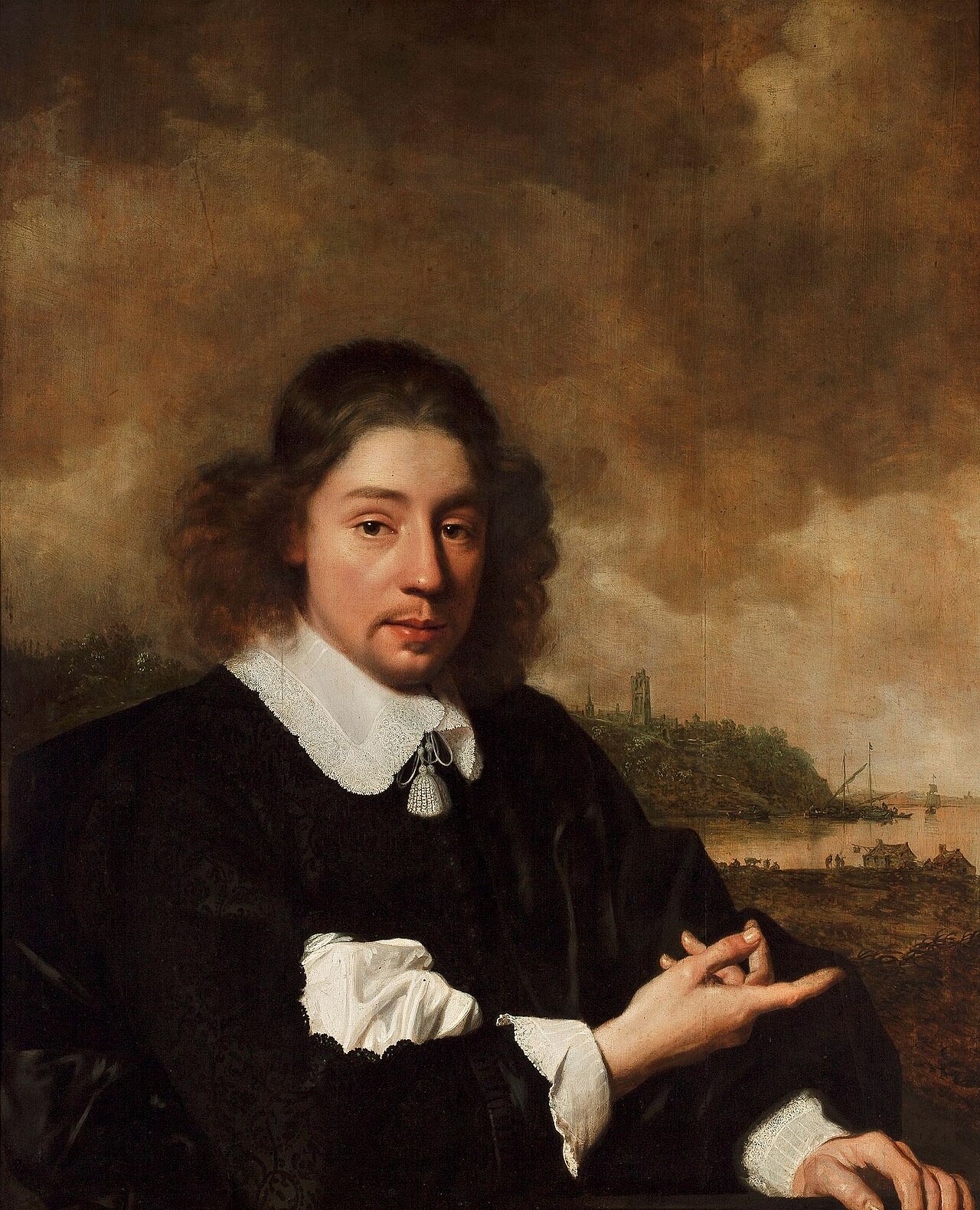 Self-portrait against landscape background by Pieter Nason