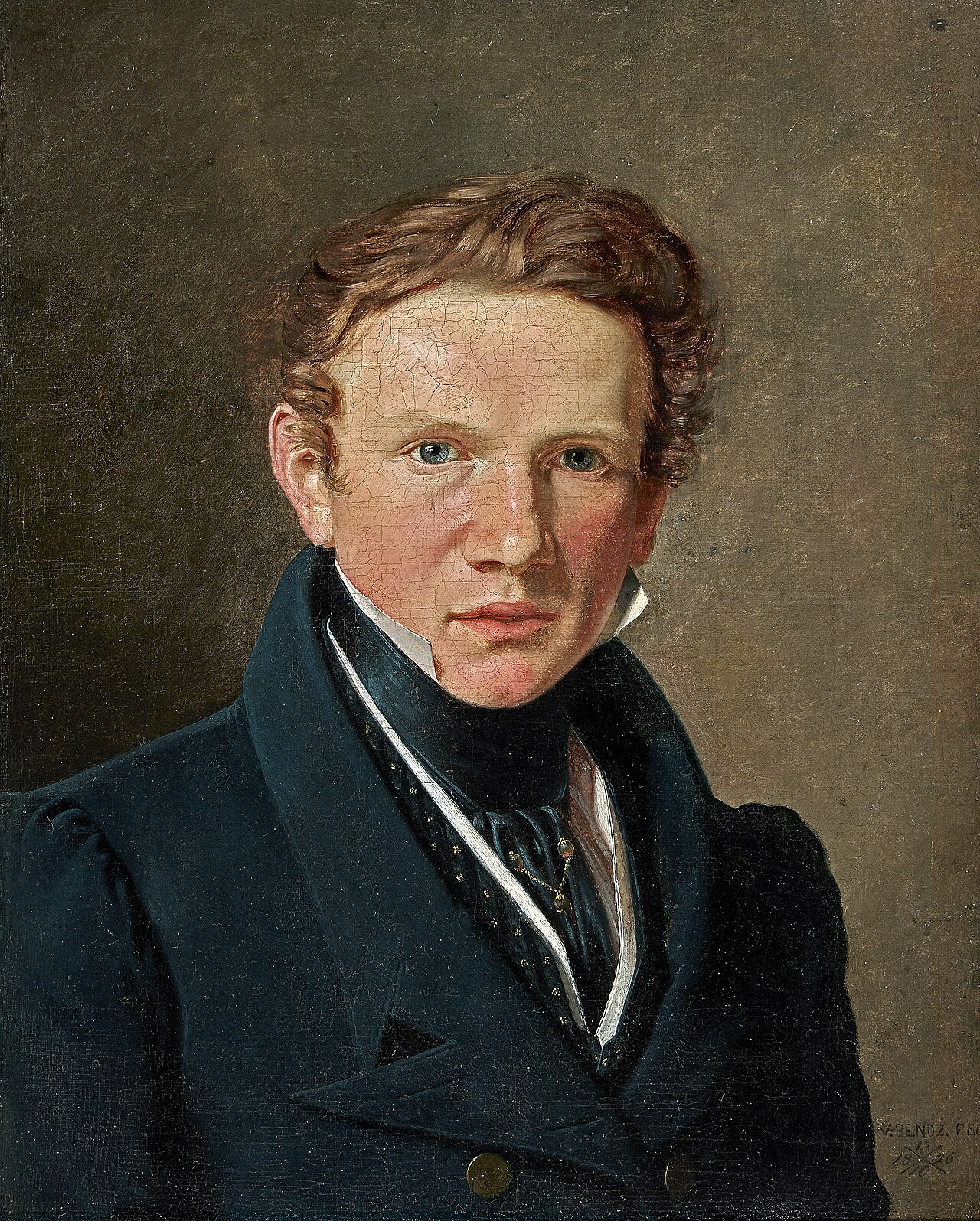 The painter's self-portrait in white shirt and blue collar, blue waistcoat, and jacket with gold buttons by Wilhelm Bendz
