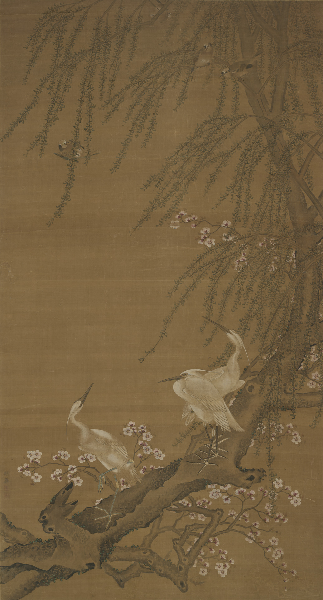 Egrets, Small Birds, Willows, and Peach Blossom by Zhao Yong